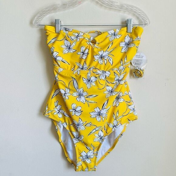 NEW Decree Yellow Floral Strapless One Piece Swimsuit 0X - Picture 1 of 4